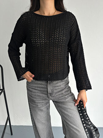 KADIN SİYAH AJURLU MEVSİMLİK TRİKO BLUZ