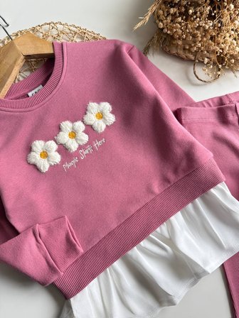Kız Çocuk Çiçekli Sweatshirt Tayt Takım Gül Kurusu