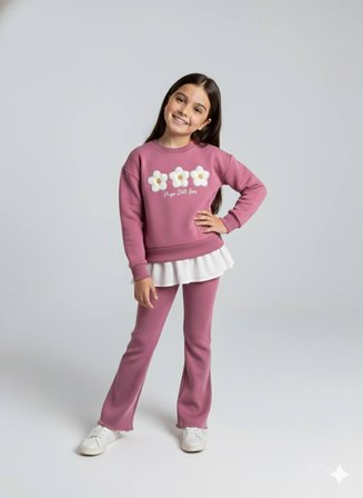 Kız Çocuk Çiçekli Sweatshirt Tayt Takım Gül Kurusu