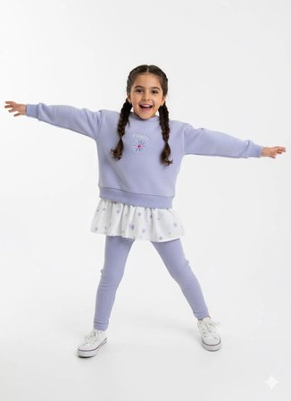 Kız Çocuk Çiçek Nakışlı Sweatshirt ve Tayt Takım Lila