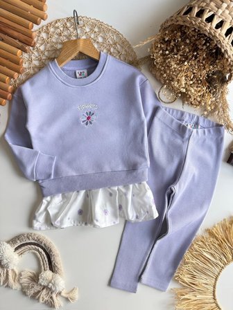 Kız Çocuk Çiçek Nakışlı Sweatshirt ve Tayt Takım Lila