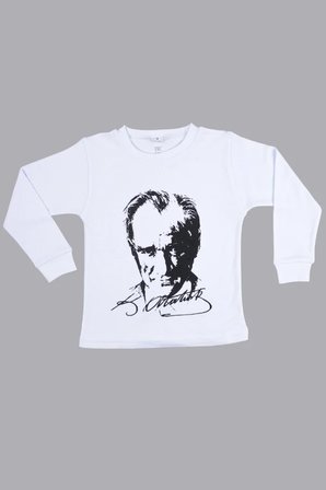 Çocuk Uzun Kollu Tişört Atatürk Baskılı Beyaz