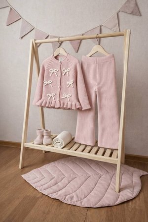 Kız Çocuk Kurdele Aplikeli Triko Takım Pembe