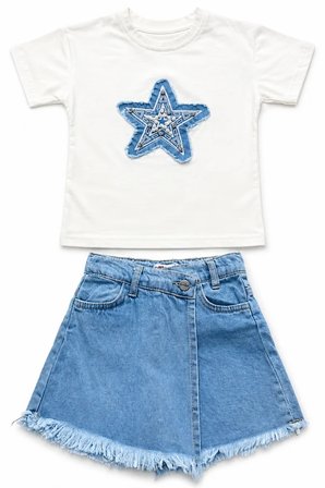 Kız Çocuk Yıldız Aplikeli Tişört ve Denim Şort Etek Takım Mavi