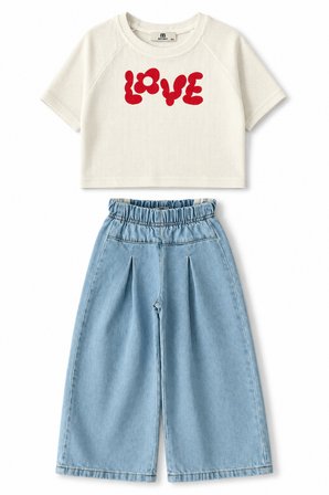 Kız Çocuk Gofre Tişört ve Denim Pantolon Takım Mavi