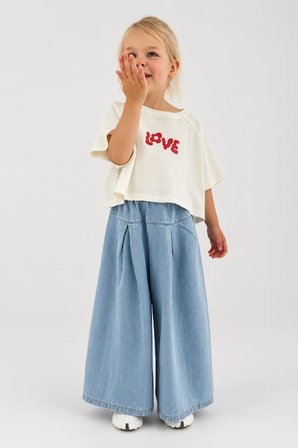 Kız Çocuk Gofre Tişört ve Denim Pantolon Takım Mavi