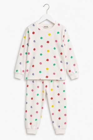 Kız Çocuk Pijama Takımı Renkli Puantiyeli Ekru