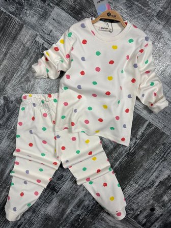 Kız Çocuk Pijama Takımı Renkli Puantiyeli Ekru