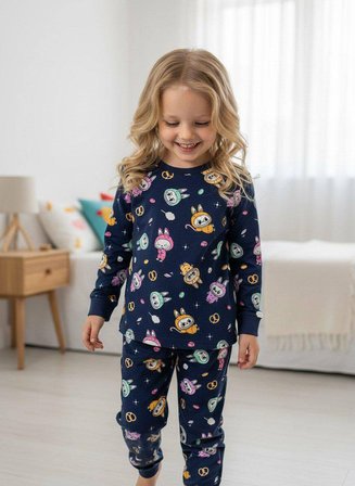 Kız Çocuk Labubu Temalı Pijama Takımı Lacivert