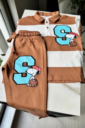 Erkek Çocuk Snoopy Baskılı Çizgili Polo Yaka Takım