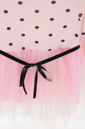 Kız Çocuk Uzun Kollu Puantiyeli Tül Etek Elbise Pembe