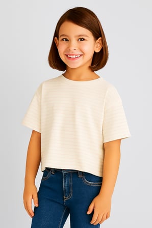 Kız Çocuk Çizgili Oversize Crop Tişört Pudra