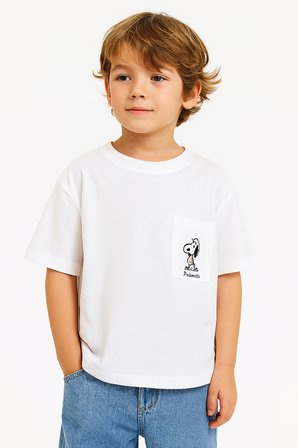 Çocuk Snoopy İşlemeli Cepli Tişört Beyaz