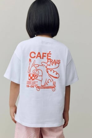 Kız Çocuk Kafe Temalı Sırt Baskılı Oversize Tişört Ekru