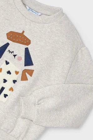 Kız Çocuk Nakışlı Bisiklet Yaka Sweatshirt Krem