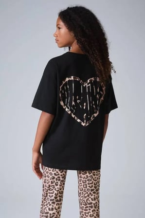 Kız Çocuk Leopar Kalp Baskılı Oversize Tişört Siyah