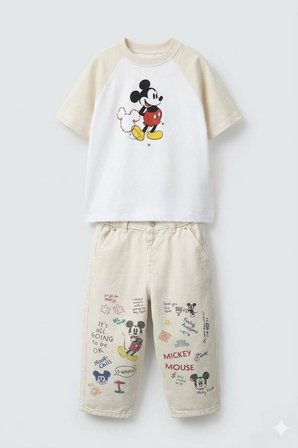 Çocuk Mickey Baskılı Tişört ve Baggy Pantolon Takım Ekru