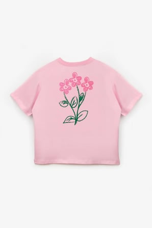 Le Mabelle Kız Çocuk Çiçek Baskılı Oversize Tişört Pembe