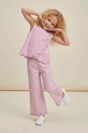 Kız Çocuk Çizgili Nakış Detaylı Bluz ve Pantolon Takım Pembe