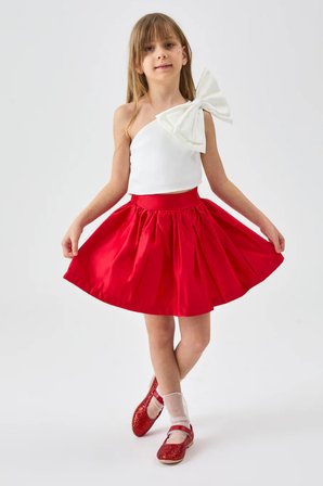 Le Mabelle Kız Çocuk Tek Omuzlu Fiyonk Detaylı Crop Bluz ve Etek Takım Kırmızı