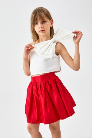 Le Mabelle Kız Çocuk Tek Omuzlu Fiyonk Detaylı Crop Bluz ve Etek Takım Kırmızı