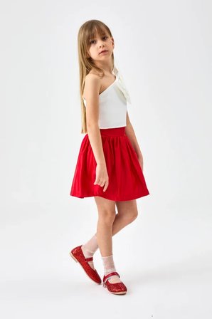Le Mabelle Kız Çocuk Tek Omuzlu Fiyonk Detaylı Crop Bluz ve Etek Takım Kırmızı