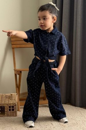 Kız Çocuk Taş İşlemeli Denim Gömlek ve Pantolon Takım Lacivert