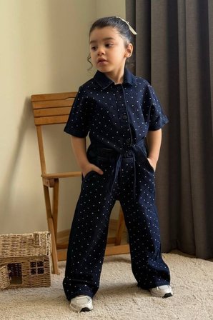 Kız Çocuk Taş İşlemeli Denim Gömlek ve Pantolon Takım Lacivert