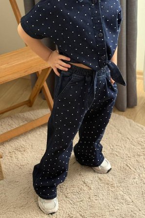 Kız Çocuk Taş İşlemeli Denim Gömlek ve Pantolon Takım Lacivert