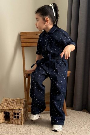 Kız Çocuk Taş İşlemeli Denim Gömlek ve Pantolon Takım Lacivert