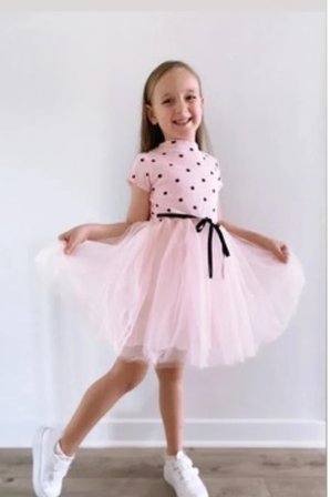 Kız Çocuk Kısa Kollu Puantiyeli Tül Etek Elbise Pembe