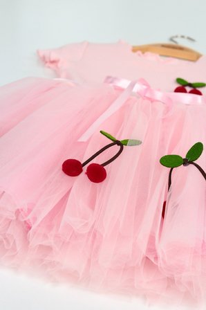 Kız Çocuk Kiraz Aplikeli Tül Etek Elbise Pembe