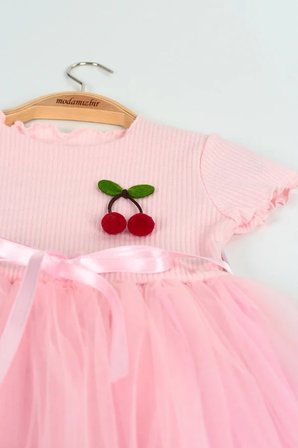 Kız Çocuk Kiraz Aplikeli Tül Etek Elbise Pembe