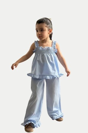 Kız Çocuk Fırfır Detaylı Askılı Bluz ve Pantolon Takım Mavi