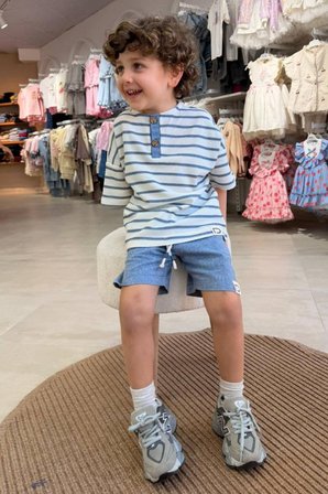 Çocuk Çizgili Henley Yaka Tişört ve Şort Takım Mavi