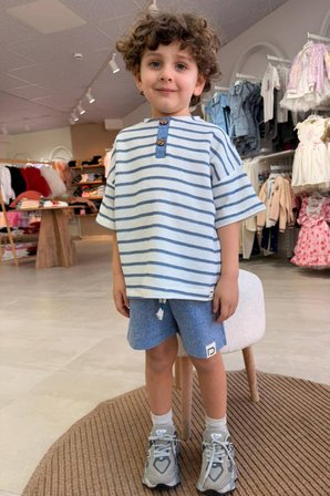 Çocuk Çizgili Henley Yaka Tişört ve Şort Takım Mavi