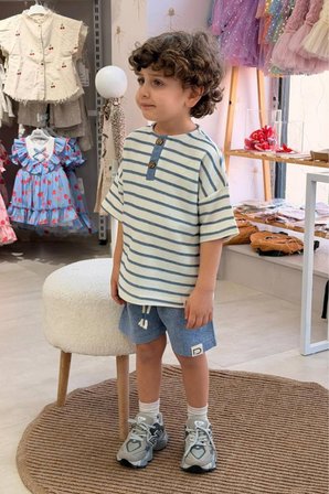Çocuk Çizgili Henley Yaka Tişört ve Şort Takım Mavi