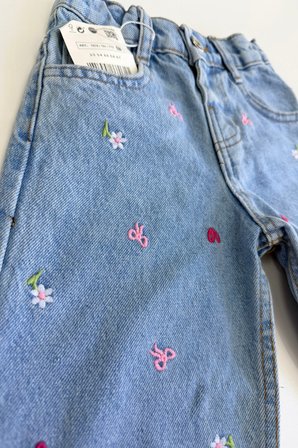 Kız Çocuk Çiçek Nakışlı Denim Pantolon Mavi