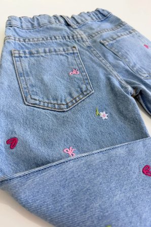 Kız Çocuk Çiçek Nakışlı Denim Pantolon Mavi