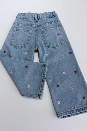 Kız Çocuk Çiçek Nakışlı Denim Pantolon Mavi