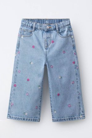 Kız Çocuk Çiçek Nakışlı Denim Pantolon Mavi