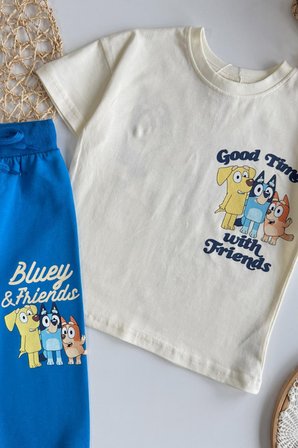 Erkek Çocuk Bluey Baskılı Tişört ve Eşofman Takım Mavi