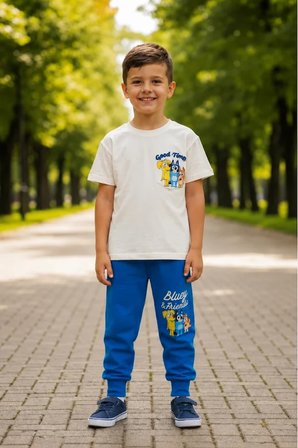 Erkek Çocuk Bluey Baskılı Tişört ve Eşofman Takım Mavi