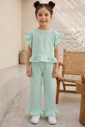 Kız Çocuk Fırfırlı Waffle Bluz ve Pantolon Takım Mint Yeşili