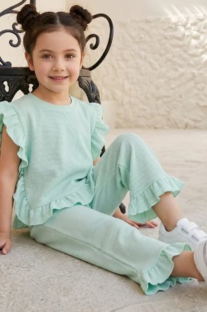 Kız Çocuk Fırfırlı Waffle Bluz ve Pantolon Takım Mint Yeşili