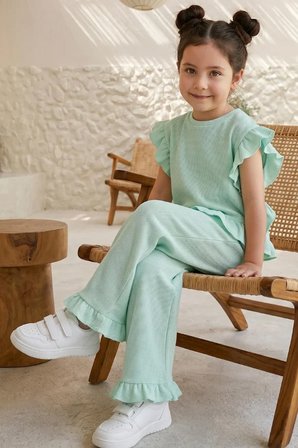 Kız Çocuk Fırfırlı Waffle Bluz ve Pantolon Takım Mint Yeşili