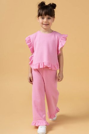 Kız Çocuk Fırfırlı Waffle Bluz ve Pantolon Takım Pembe