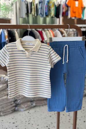 Erkek Çocuk Çizgili Polo Yaka Tişört ve Müslin Pantolon Takım Mavi