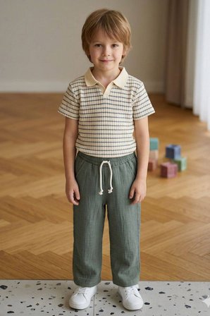 Erkek Çocuk Çizgili Polo Yaka Müslin Tişört ve Pantolon Takım Yeşil