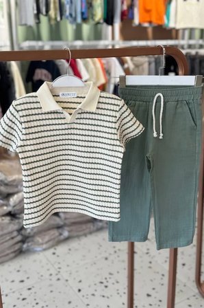 Erkek Çocuk Çizgili Polo Yaka Müslin Tişört ve Pantolon Takım Yeşil